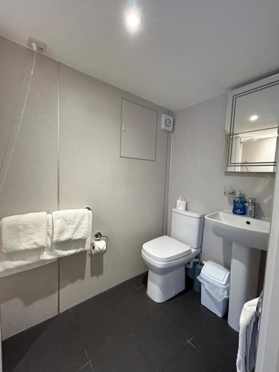 a bathroom with a white toilet and a sink at Chandlers BnB in Seahouses