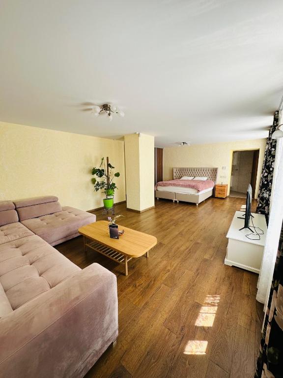 a living room with a couch and a table at Rožu namu apartamenti in Kuldīga