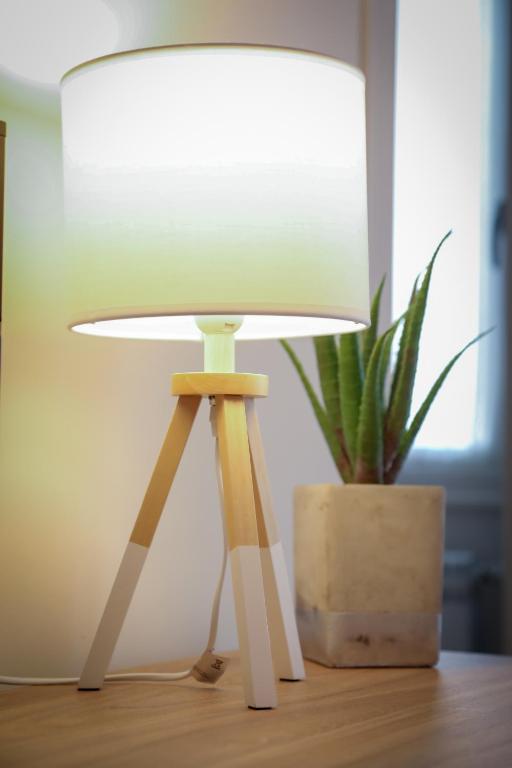 lampa na stole obok doniczki w obiekcie Musmelia Rooms w mieście Mussomeli