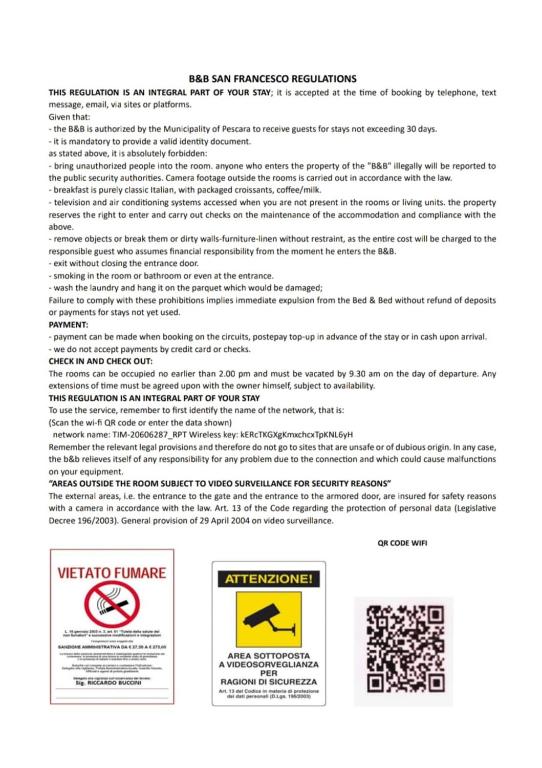 Certifikát, hodnocení, plakát nebo jiný dokument vystavený v ubytování B&B SAN FRANCESCO Pescara Centro
