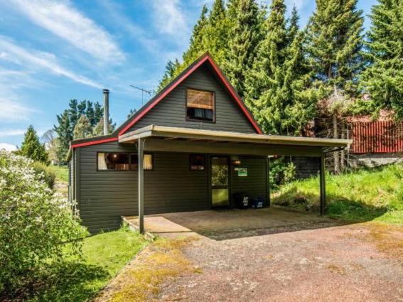 a small green house with a red roof at Snow Chalet - Ohakune Chalet in Ohakune