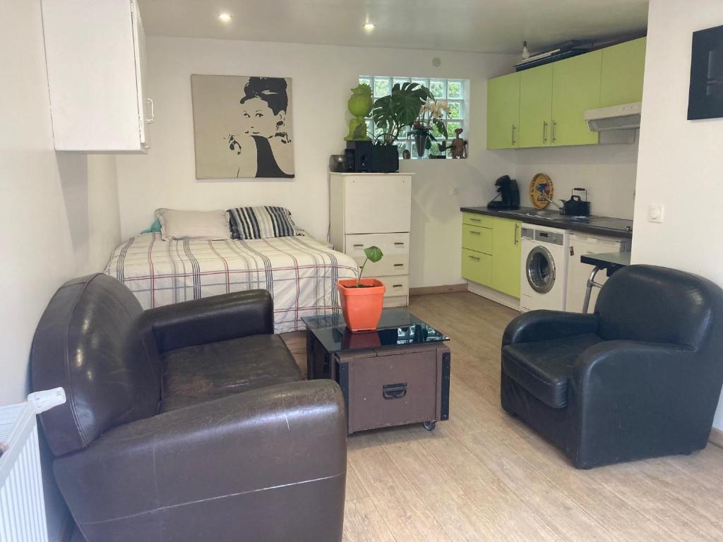 Il comprend un salon avec deux chaises et une cuisine. dans l'établissement Studio avec jardin, à Montreuil