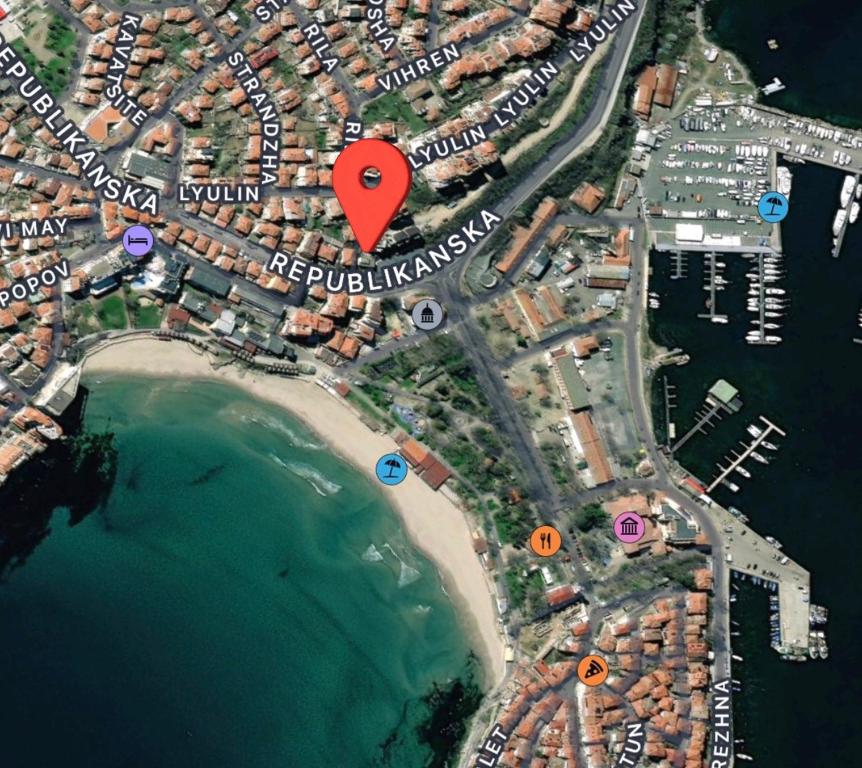 a map of a city with a red marker at Апартамент - Весела улица in Sozopol