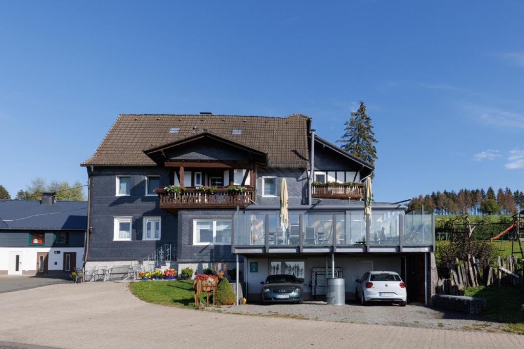 a large house with cars parked in front of it at Bauernhof-Pension Schneider-Feige in Bad Berleburg
