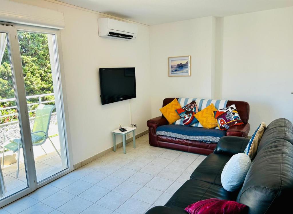 un salon avec un canapé et une télévision dans l'établissement Nautilus Joli T3 Appartement Terrasse Climatisation, à Sète