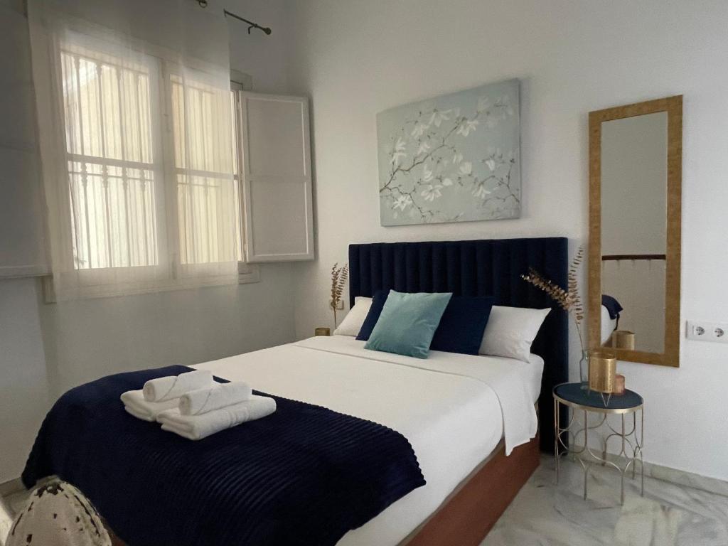 a bedroom with a large bed and a mirror at La Casa de María Castaña in Seville