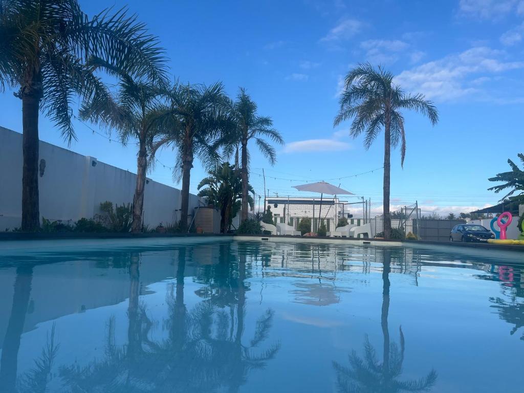 a swimming pool with palm trees and a building at Finca Rural Marmito in Sanlúcar de Barrameda