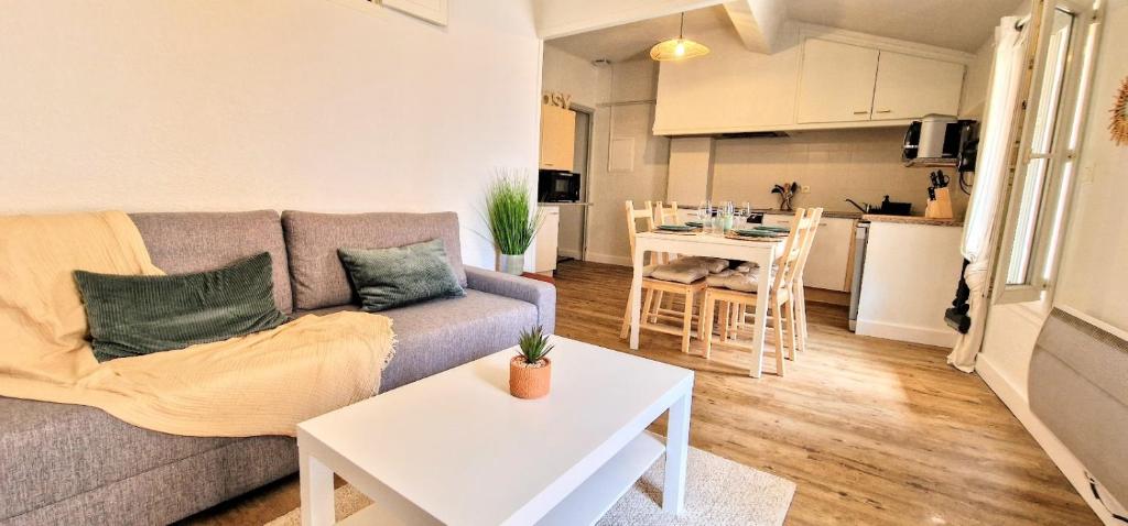 un salon avec un canapé et une table dans l'établissement Charmant appartement, à Banyuls-sur-Mer