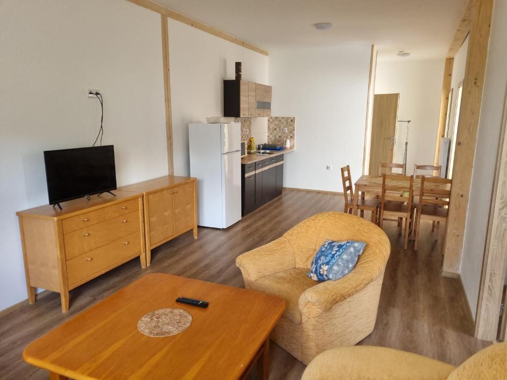 Kuchyň nebo kuchyňský kout v ubytování Chatky a apartmány Apollo na Vysočině