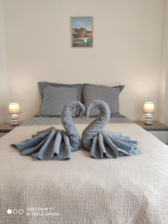 deux cygnes faisant un cœur sur un lit dans l'établissement Sublime T2 LUMINEUX avec Balcon - rue gratuite, à Amiens