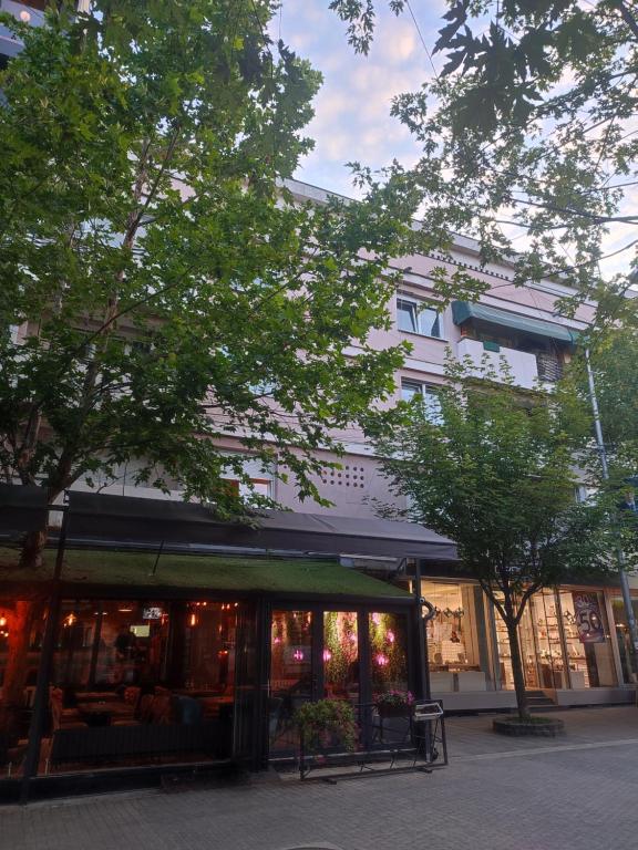 un magasin avec un auvent vert devant un bâtiment dans l'établissement Pesacka Zona Apartment, à Novi Pazar