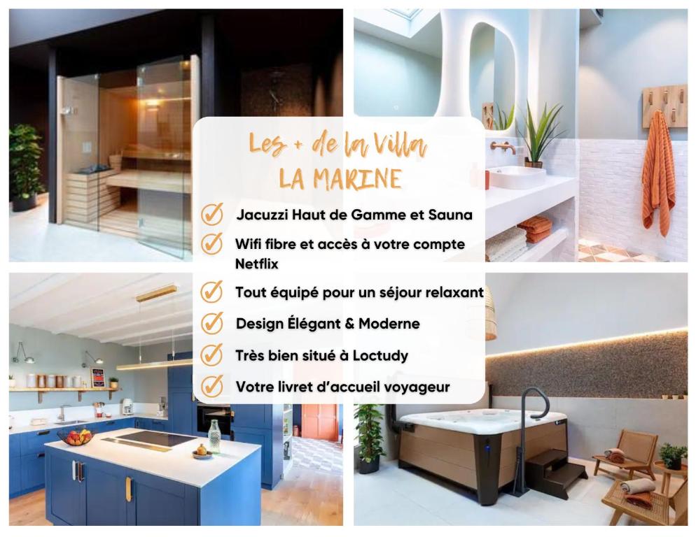 un collage de photos d'une cuisine et d'un prospectus dans l'établissement Villa La Marine-Jacuzzi-SPA-400m de la mer, à Loctudy