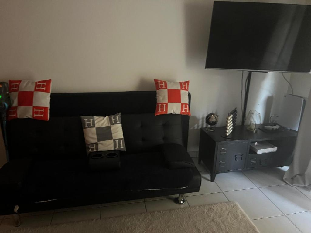 - un salon avec un canapé noir et une lampe dans l'établissement Appartement tout confort, à Nice