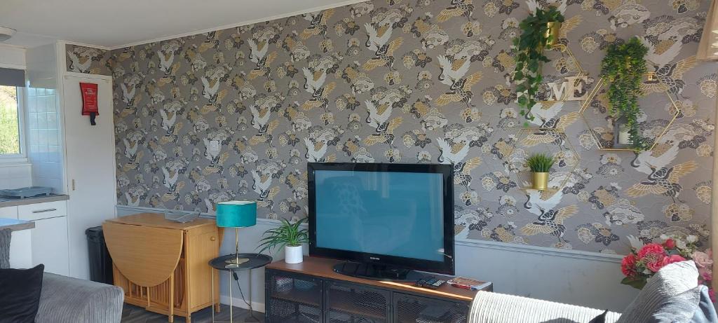 a television sitting on a table in a living room at Rosehill Beach in Hemsby