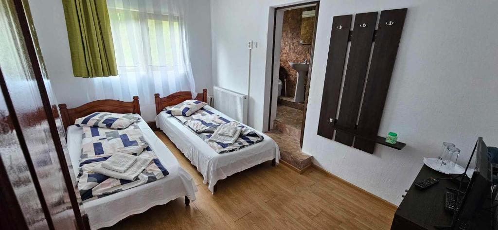 two beds in a small room with a mirror at Cabana Cerbu in Bozovici