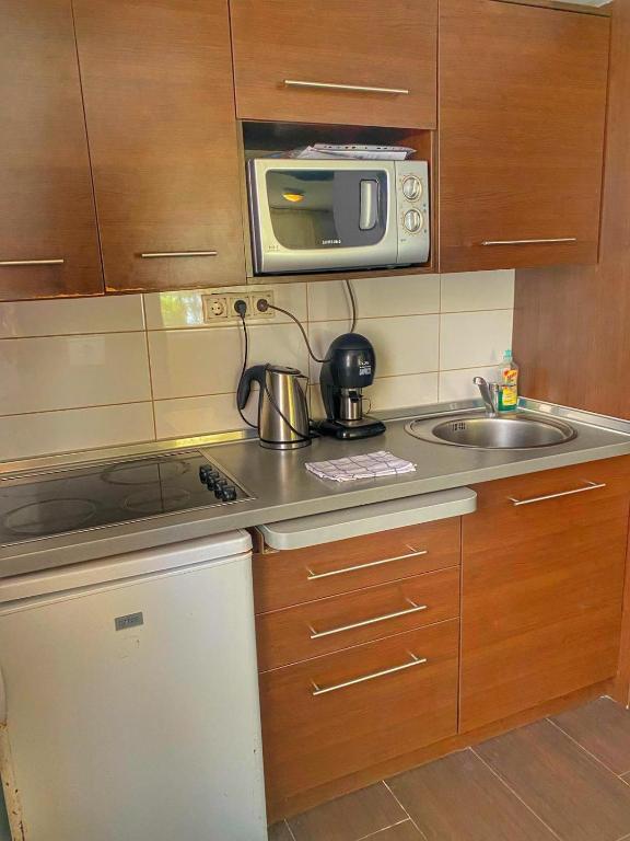 małą kuchnię ze zlewem i kuchenką mikrofalową w obiekcie Jázmin Apartmanok w mieście Mórahalom