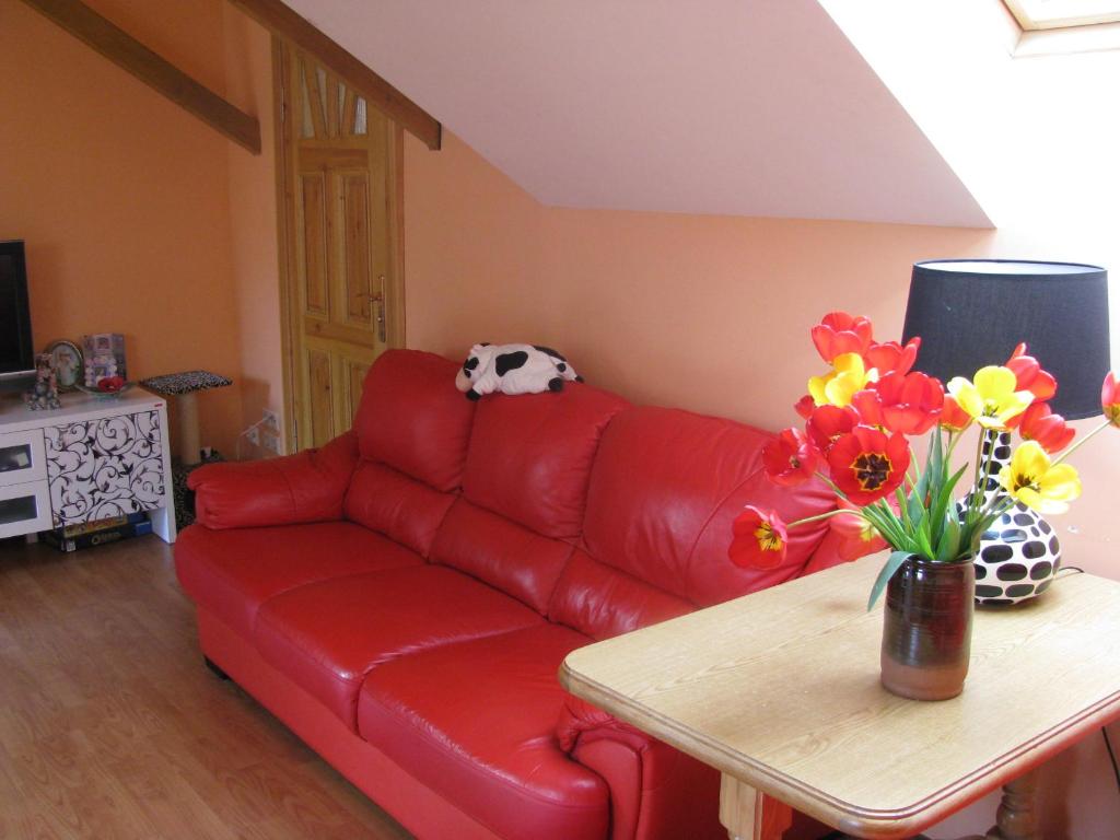 a red leather couch in a living room with flowers at Skaistie Majori in Jūrmala