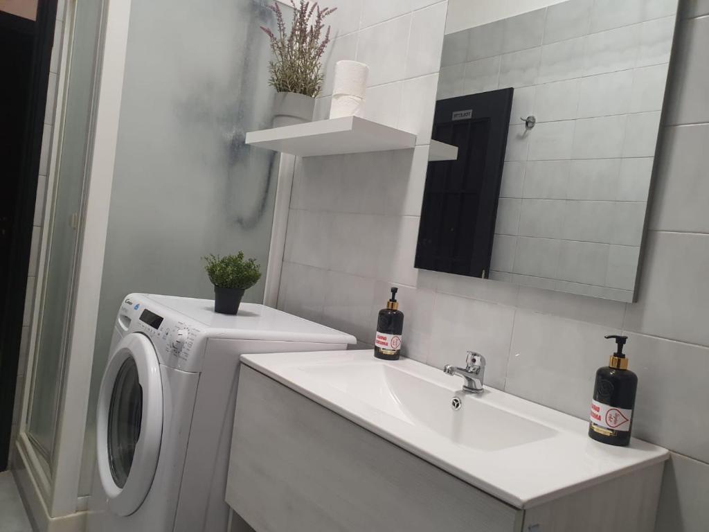 une salle de bain blanche avec une machine à laver et un lavabo dans l'établissement Fabiana, à Bologne