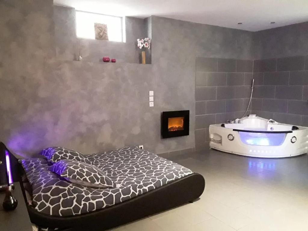 Cette chambre comprend un lit et une baignoire. dans l'établissement Charmant studio à Baixas de 30 m² avec Jacuzzi, à Baixas