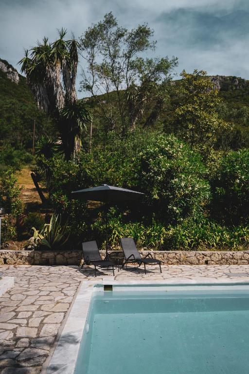 a swimming pool with two chairs and a umbrella at Dimoulitsa Villas Complex in Doukádes