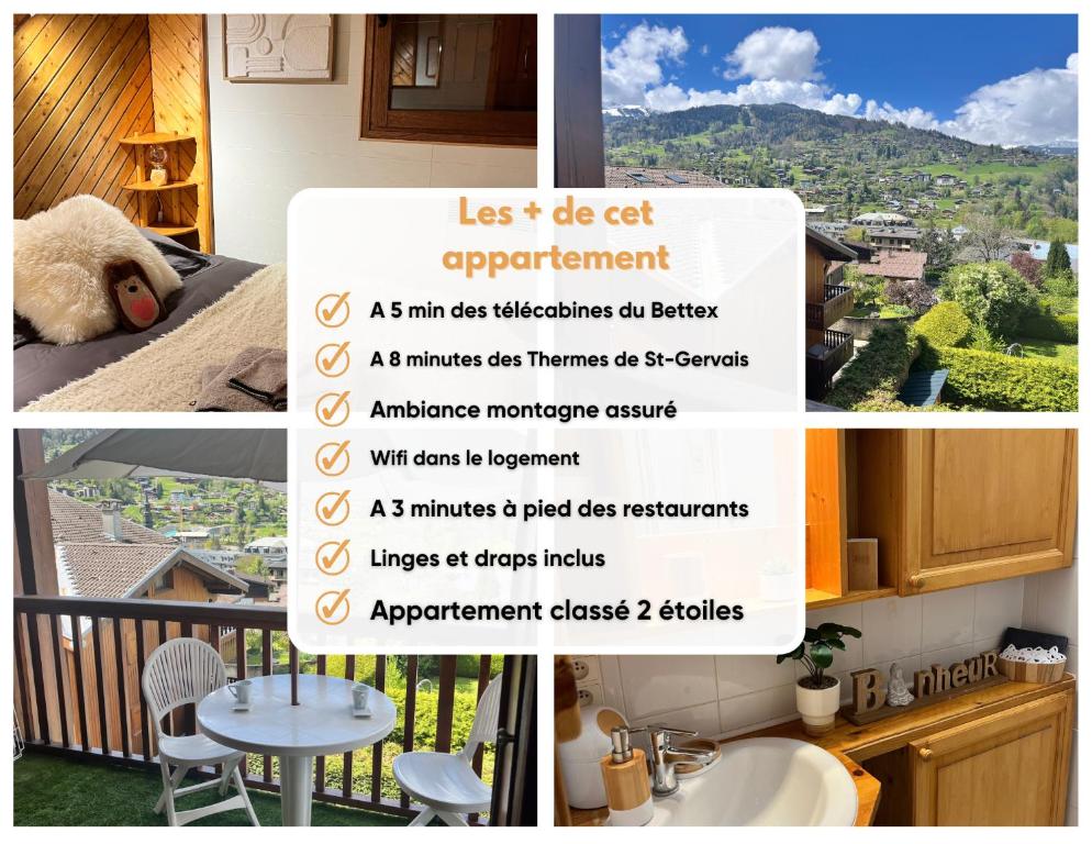 eine Collage mit Fotos mit einem Schild für ein Apartment in der Unterkunft Ski ou Thermes? Un appt cabine avec vue magnifique in Saint-Gervais-les-Bains