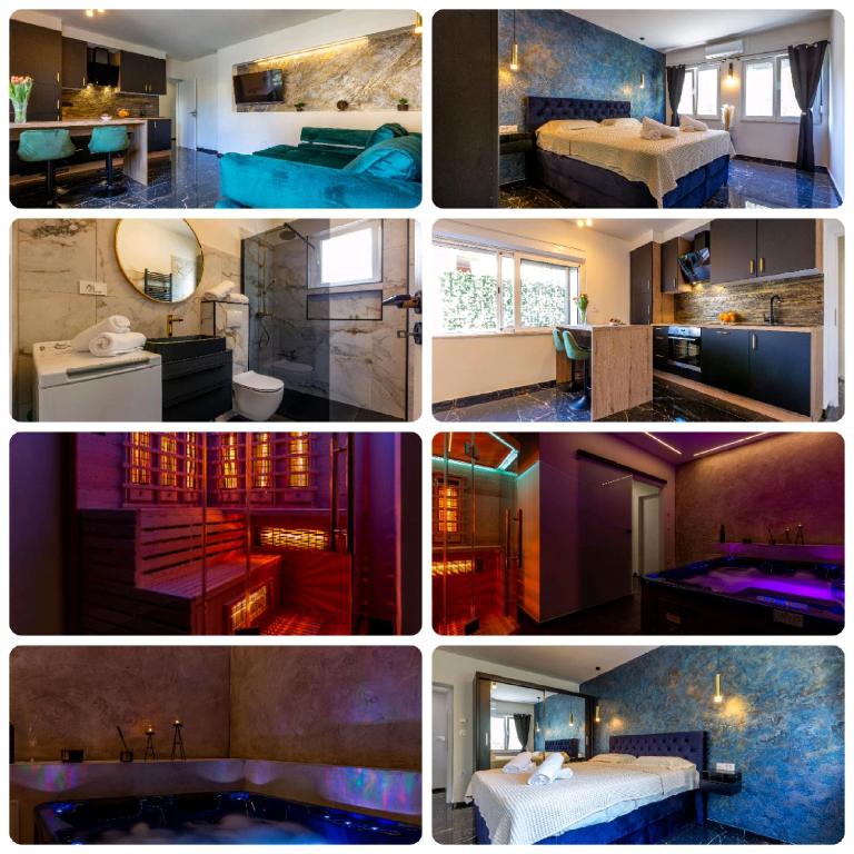 a collage of four photos of a hotel room at Luxury Hedone Apartment near the Bridge with Private SPA Zone in Zadar