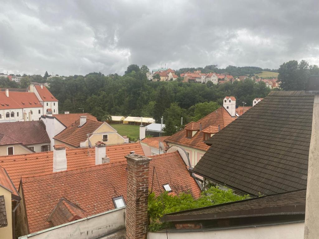a view of roofs of houses in a town at Apartmán v centru Krumlova in Český Krumlov