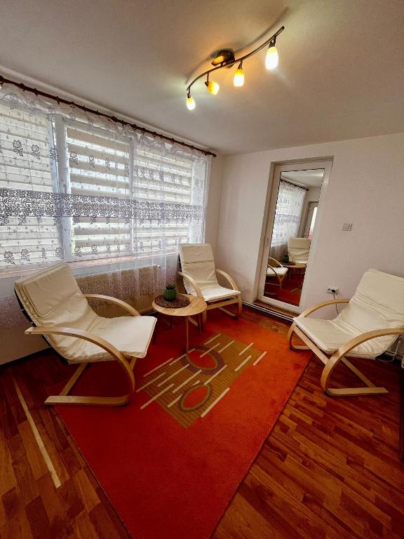 a living room with chairs and a red rug at Casa Dia in Turda