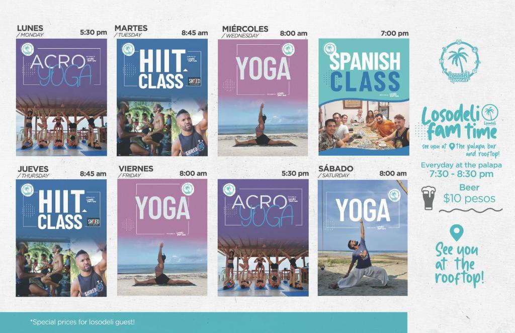 a collage of photos of a woman doing yoga on the beach at Casa Losodeli & Coworking- Adults Only in Puerto Escondido
