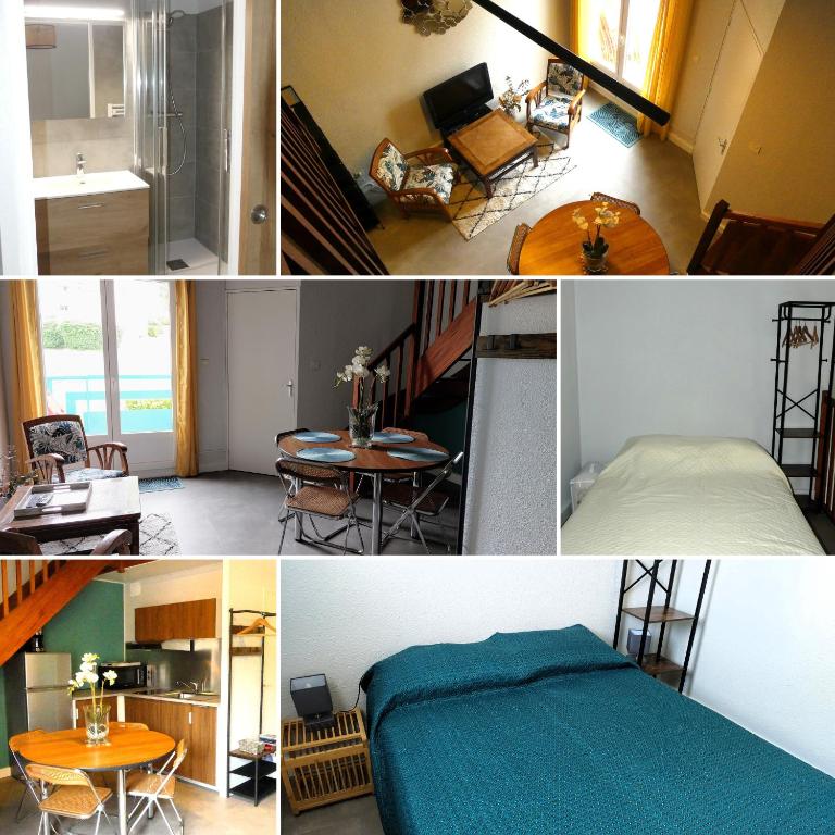 un collage de photos d'une chambre et d'une pièce dans l'établissement FLOREVA 22 entre Plage et Thalasso - Internet fibre, à Concarneau