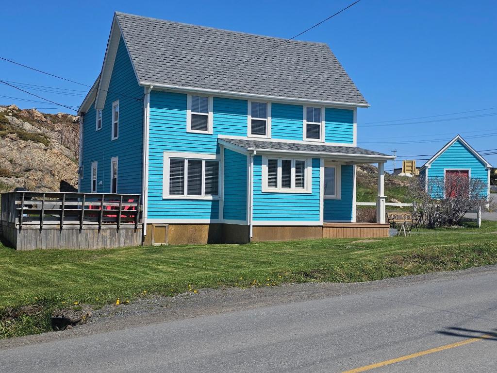 una casa blu sul lato della strada di Above The Tickle a Twillingate