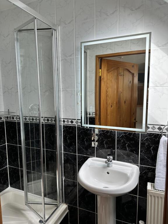 a bathroom with a sink and a mirror and a shower at Malahide Guest Rooms in Malahide