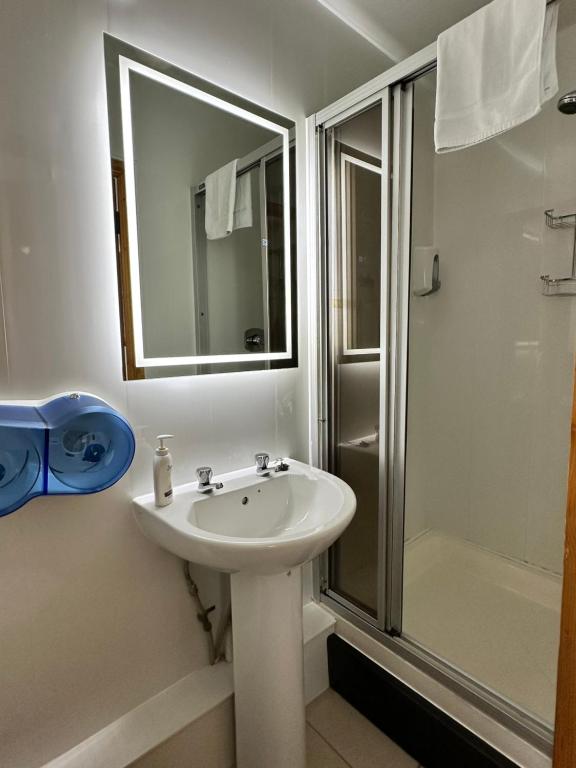 a white bathroom with a sink and a shower at Malahide Guest Rooms in Malahide