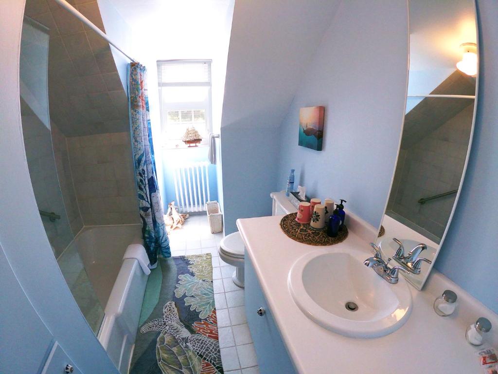 a bathroom with a sink and a shower at Chez Caro et Sylvain in Rimouski