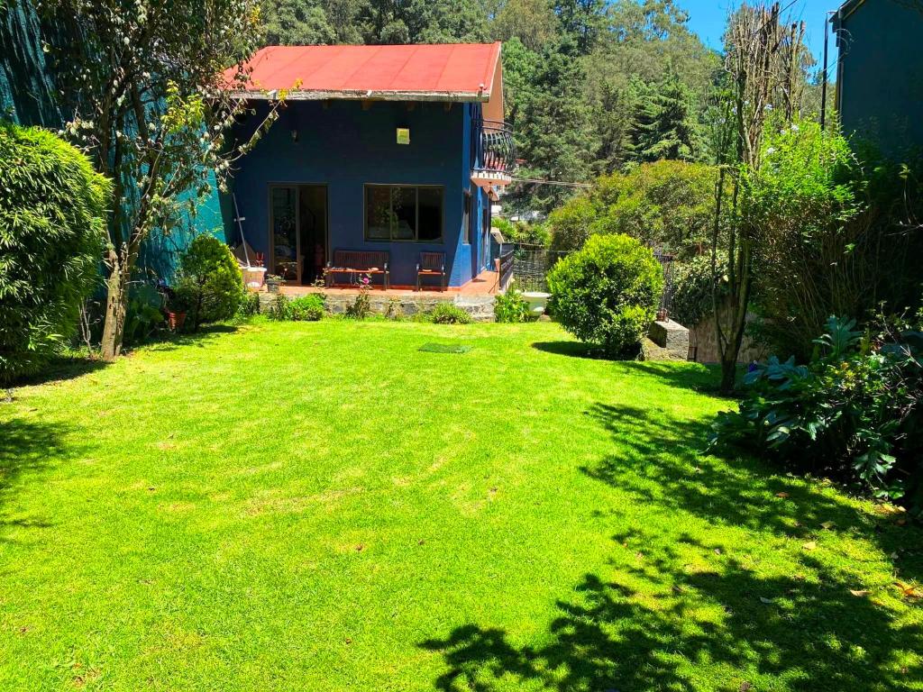 un patio con una casa con techo rojo en Alojamiento tipo Cabaña, rodeado de Bosque, en Ciudad de México