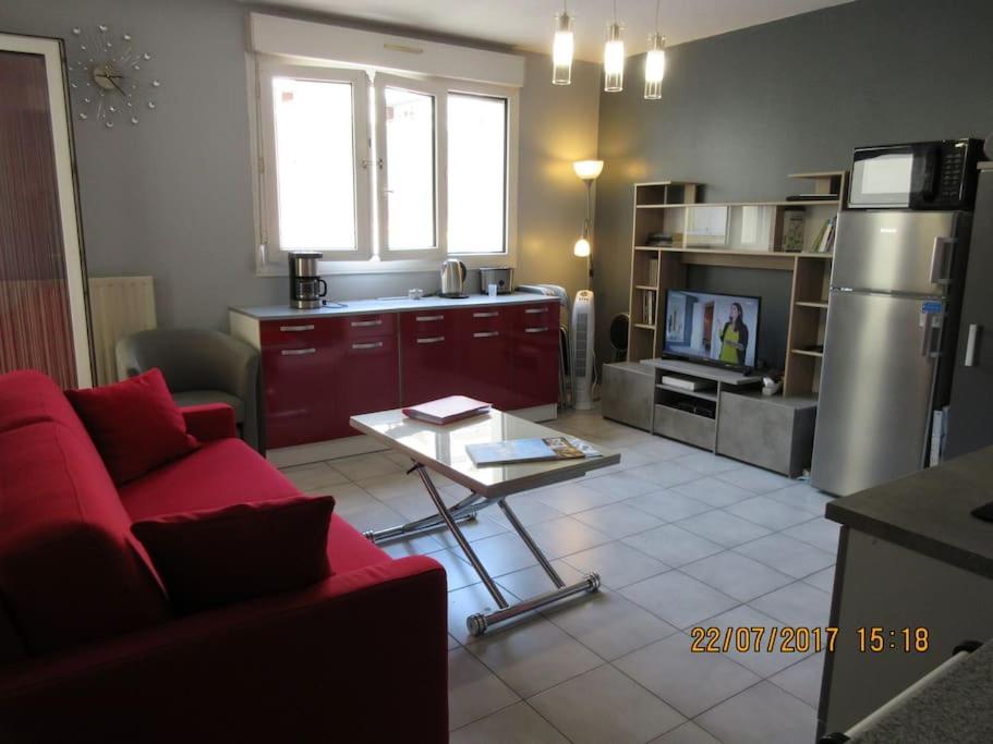 - un salon avec un canapé rouge et un réfrigérateur dans l'établissement T2 centre ville, wifi, parking, à Béziers