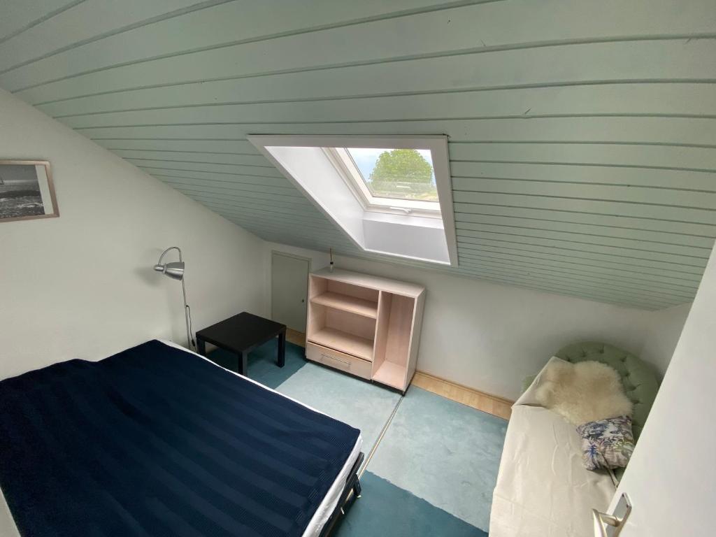 a attic bedroom with a bed and a window at Oberdorf in Konstanz