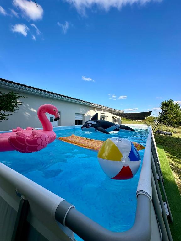- une piscine avec un flamingo rose et un ballon dans l'établissement Villa grand séjour, à Saint-Georges-lès-Baillargeaux