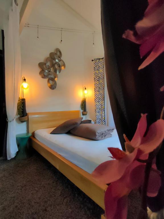 une chambre avec un grand lit avec deux oreillers dans l'établissement Maison gîte studio de vacances sud de la France, à Cuzac