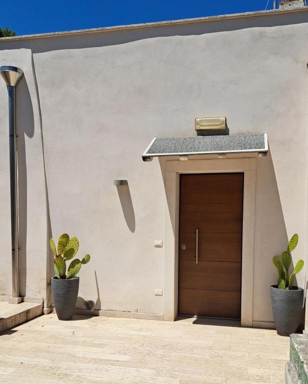 a building with a brown door and two plants at Il Boschetto in Santo Spirito