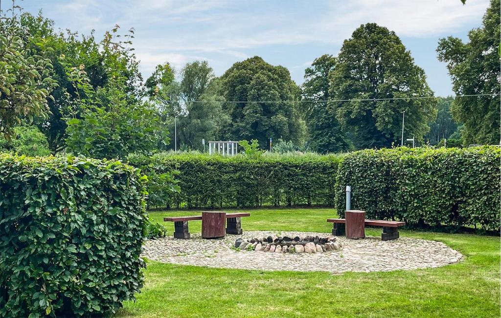 park z dwoma ławkami i kominkiem w obiekcie Gorgeous Home In Slawno With Wifi w mieście Sławno