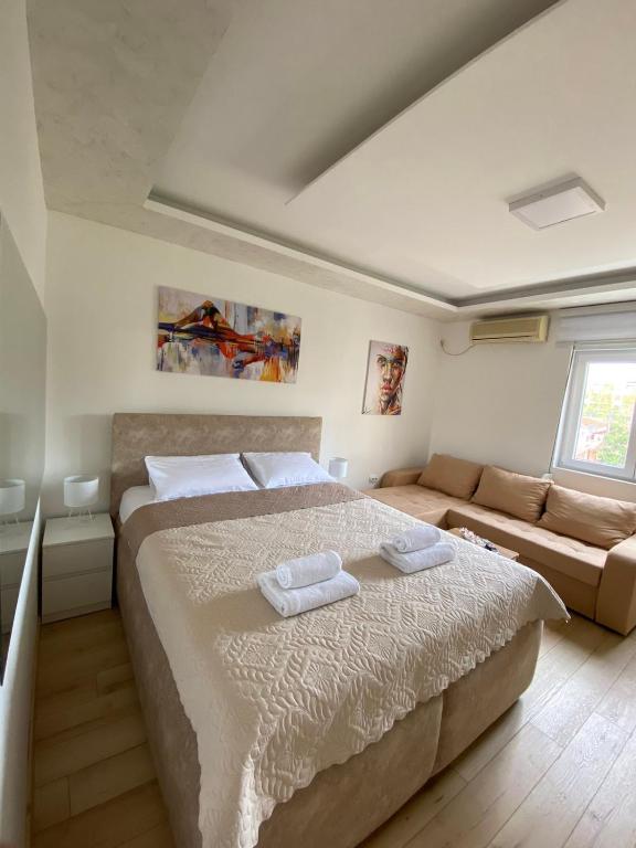 a bedroom with a large bed and a couch at Comfort studio Lepa Kata in Podgorica