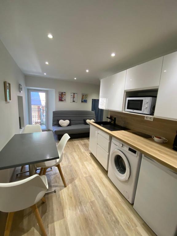 Il comprend une cuisine et un salon avec une table et un lave-linge. dans l'établissement Agréable Studio au cœur du village, à Saint-Martin-Vésubie