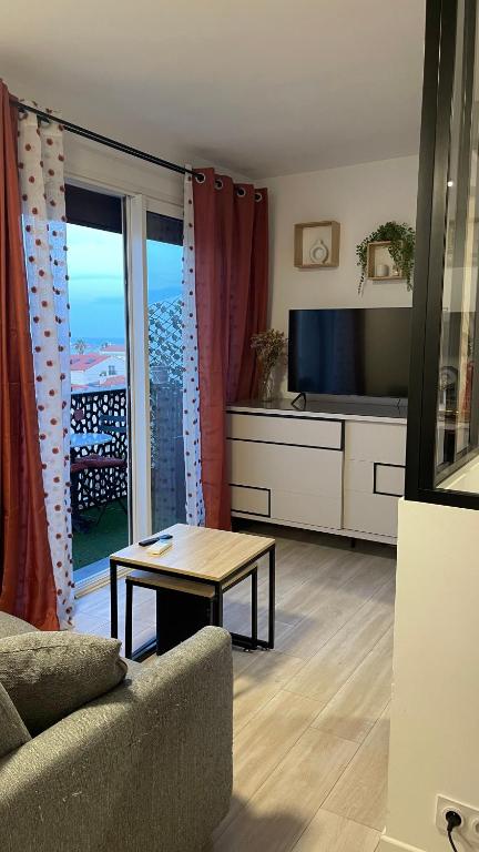 un salon avec un canapé, une table et une télévision dans l'établissement Appartement cosy proche de la plage, à Canet