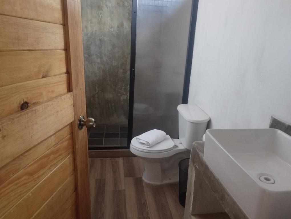a bathroom with a toilet and a shower and a sink at Cabaña paraíso in Los Espinos