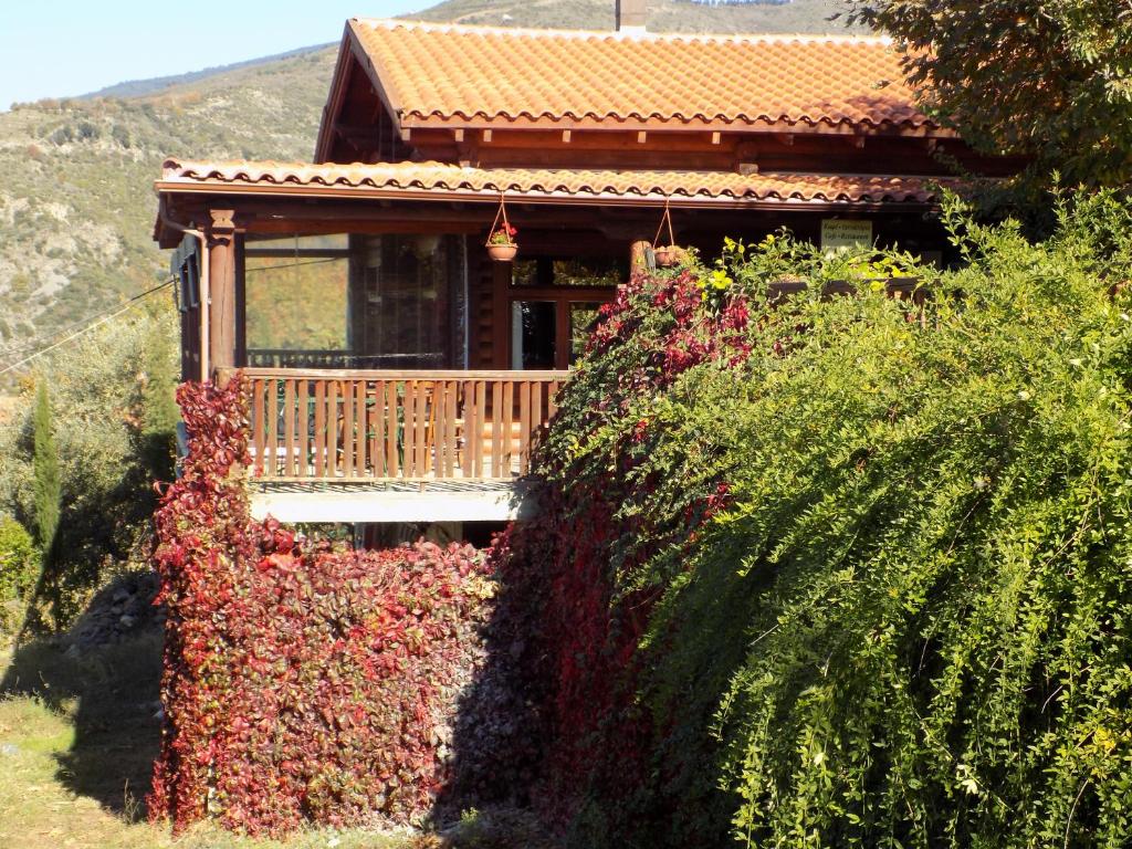 una casa con porche y un montón de arbustos en Alagonia Country Homes, en Alagonía