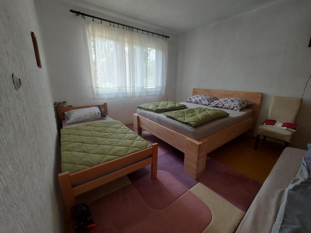 a small room with two beds and a window at Smeštaj Gokčanica in Gokčanica