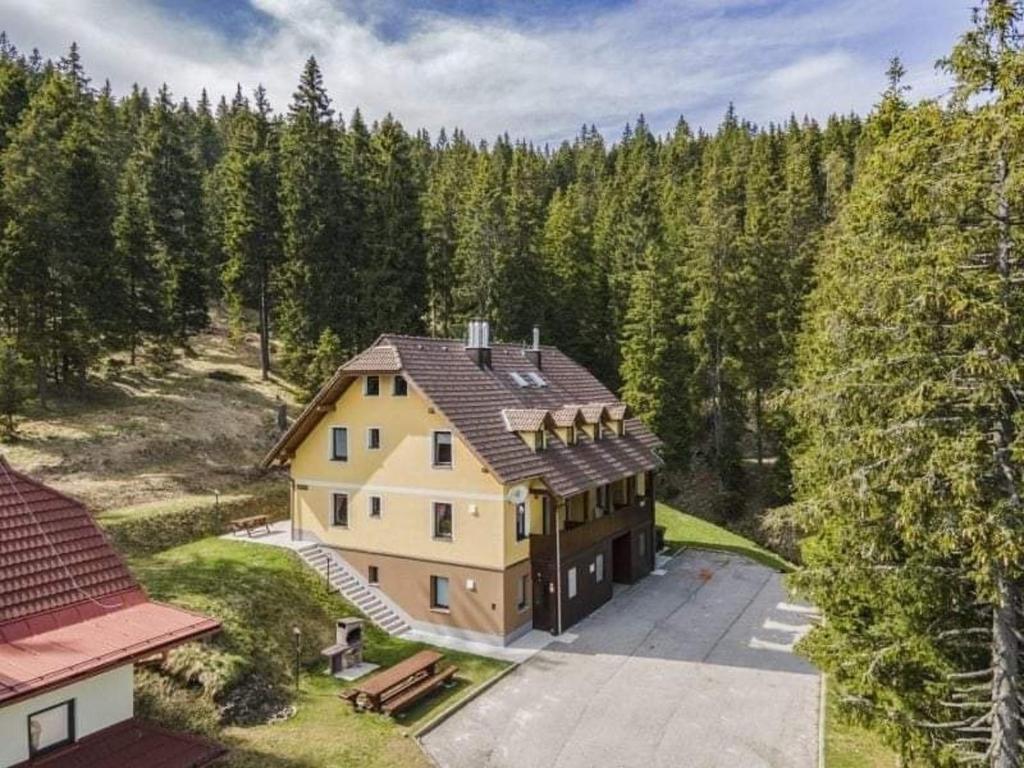 an aerial view of a large house in the woods at Apartma Brin Rogla in Zreče