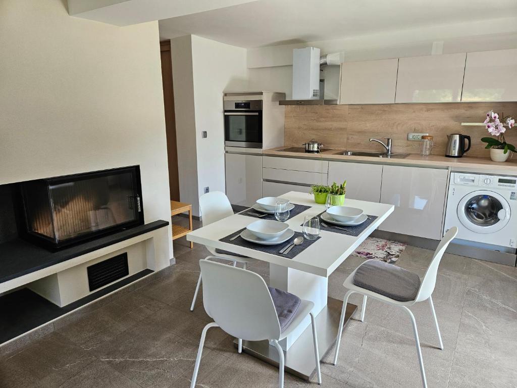 Kuchyň nebo kuchyňský kout v ubytování Apartmaji Rdeča Kapica