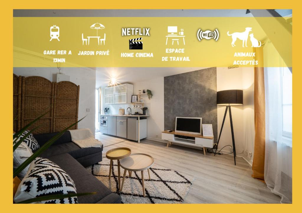 un salon avec un canapé et une télévision dans l'établissement Joséphine Cosy - Centre Ville-Pets friendly - Home cinema Netflix - Jardin Privé, à Rueil-Malmaison